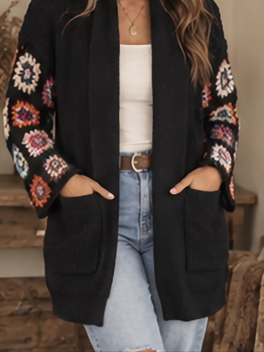 Blakely Black Granny Square Crochet Sleeve Cardigan Small Boho Cottagecore